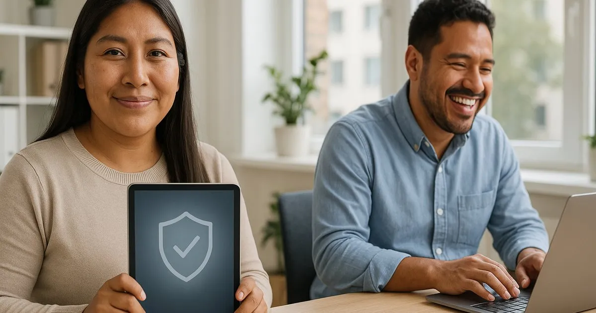 Eine lächelnde Frau zeigt ein Tablet mit einem Schild-Symbol, im Hintergrund arbeitet ein Kollege an einem Laptop, beide in einem hellen, modernen Büro.