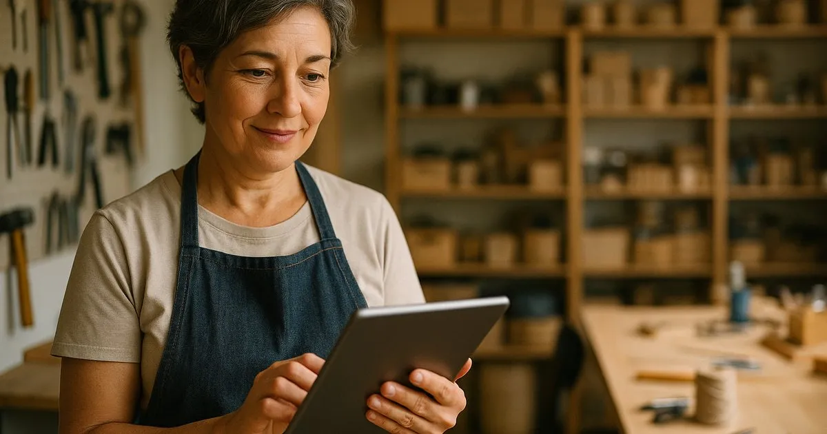 Eine Handwerksunternehmerin steht in ihrer Werkstatt, umgeben von Werkzeug und Materialien, und schaut nachdenklich, aber offen auf ein Tablet in ihren Händen.